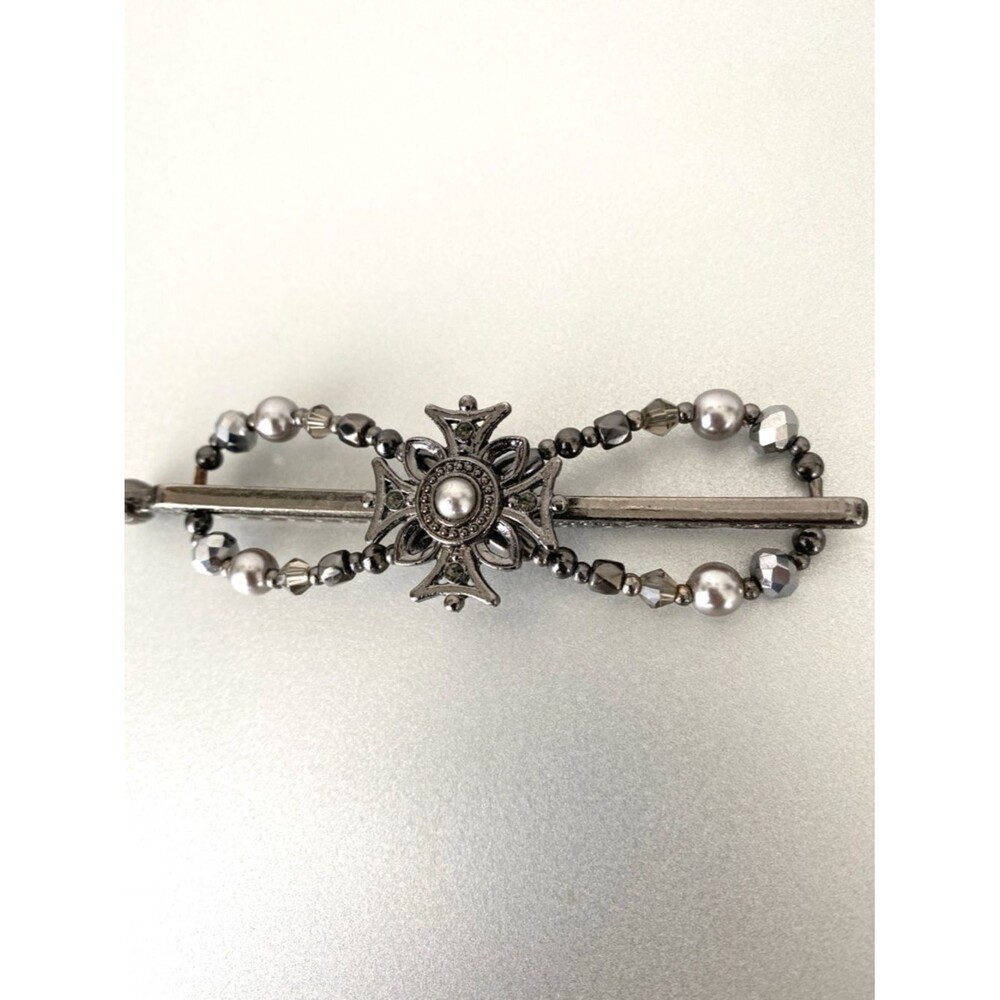 Irose Japanese Gunmetal Beaded Cross Barrette Pearl Accent Bridal Party Festival